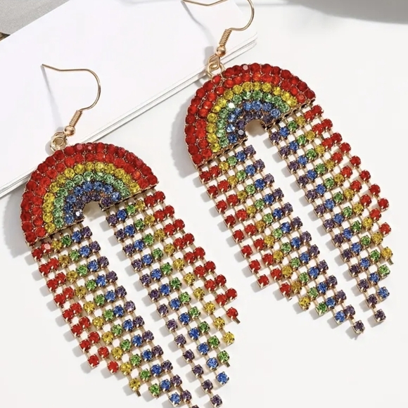 Rainbow Rhinestone Dangle Drop Earrings - Picture 3 of 4